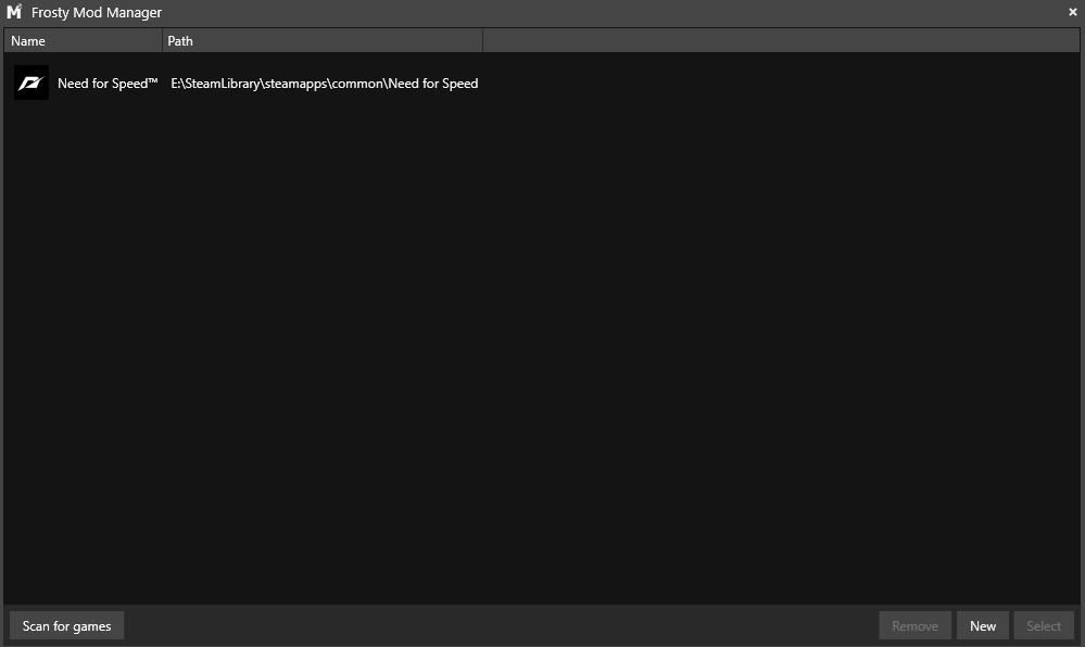 Frosty Mod Manager game selection window showing Need for Speed