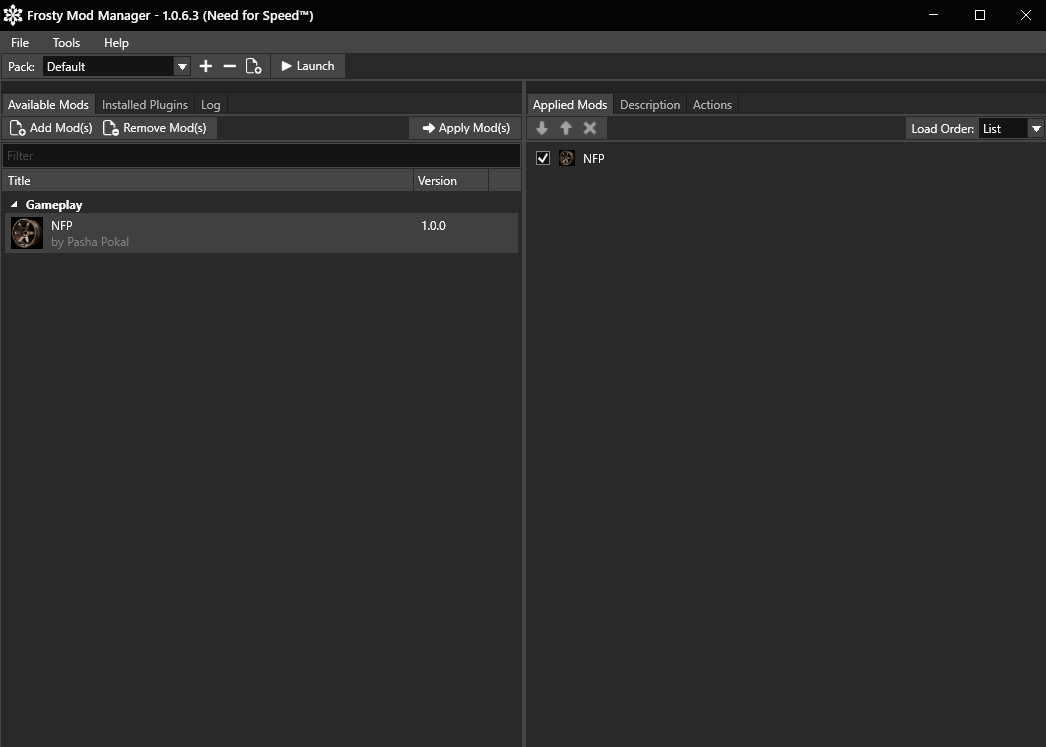 Frosty Mod Manager showing NFP version 1.0.0 in Applied Mods
