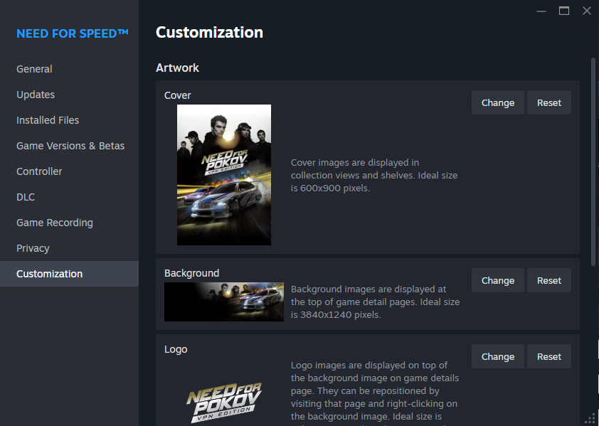 Steam Need for Speed properties open on the Customization page